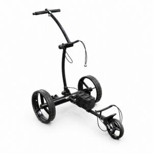 Black electric golf push cart on wheels.