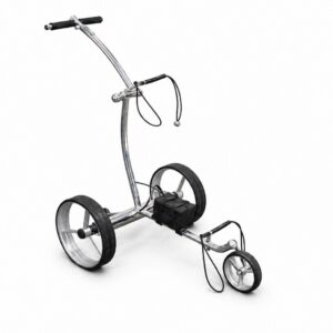 Three-wheeled metal golf push cart.