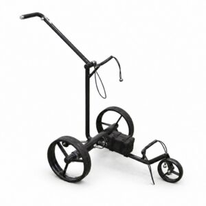 Black collapsible golf trolley with bag