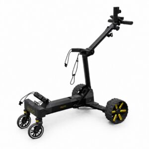 Electric golf trolley with black and yellow design.