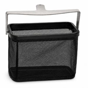 Mesh basket with a metal handle.