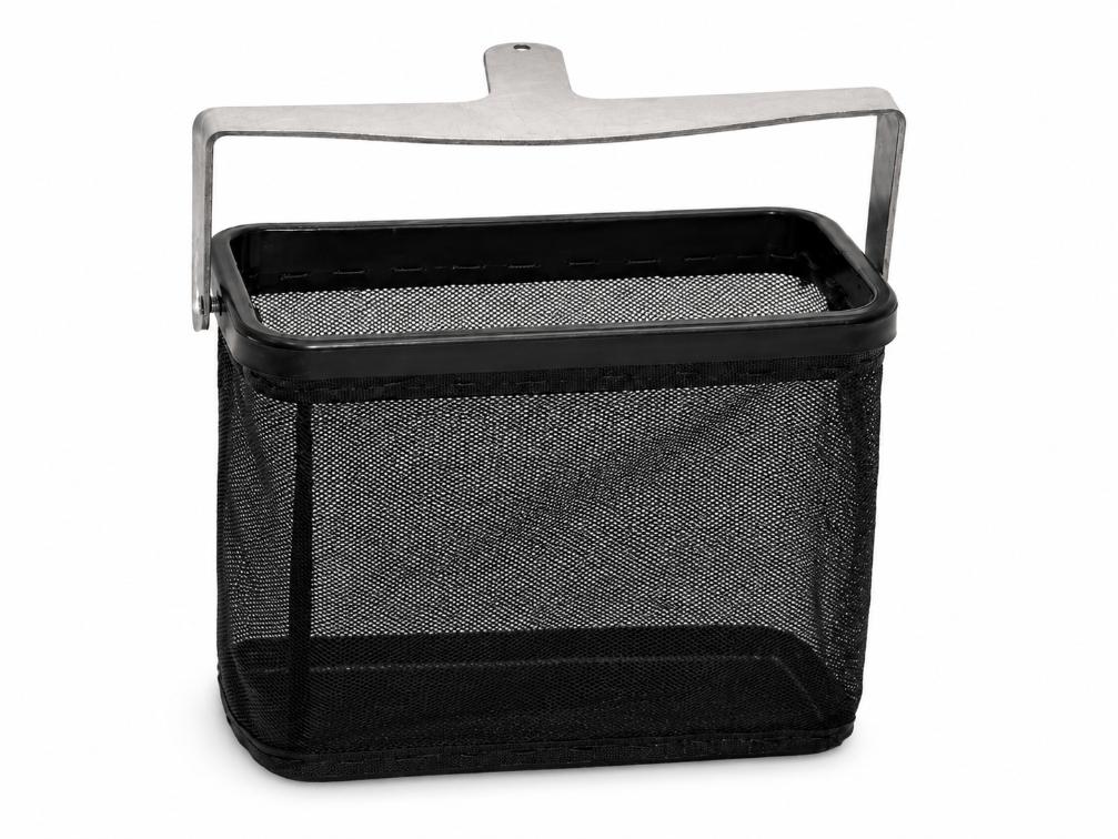 Mesh basket with a metal handle.
