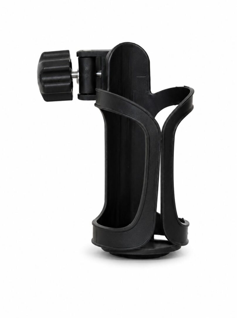 Black bicycle water bottle holder on white.