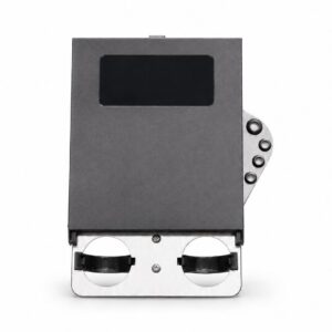 Black and silver electronic device, front view.