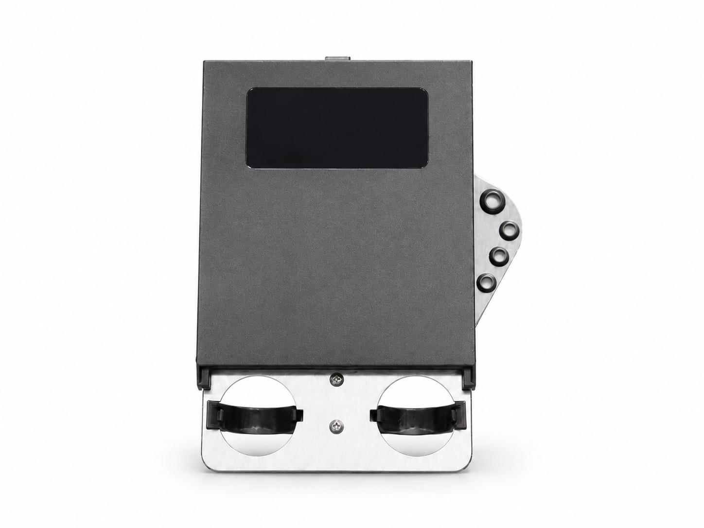 Black and silver electronic device, front view.
